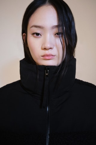 Anorak matelassé empiècements tissu bouclette - Noir