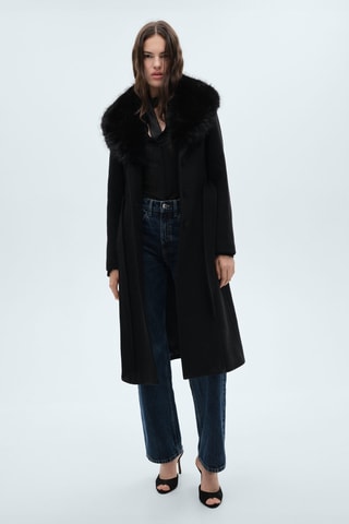 Manteau laine col fausse fourrure amovible - Noir