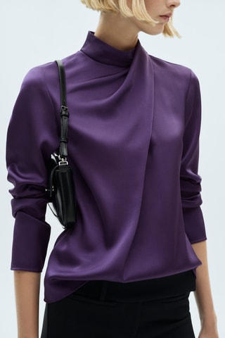 Blouse satinée drapée col montant - Violet