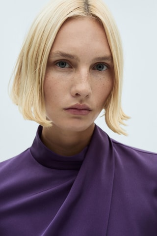 Blouse satinée drapée col montant - Violet