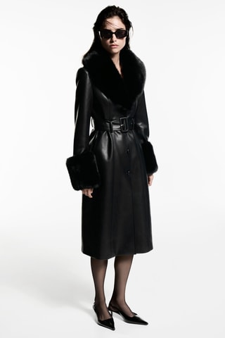 Manteau similicuir bordures fausse fourrure - Noir
