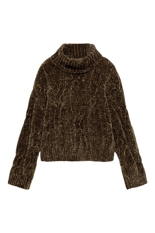 Pull-over chenille maille torsadée col montant - Olive