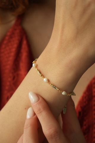 Armband - Doublé Geelgoud, Cultivéparels en Jaspis