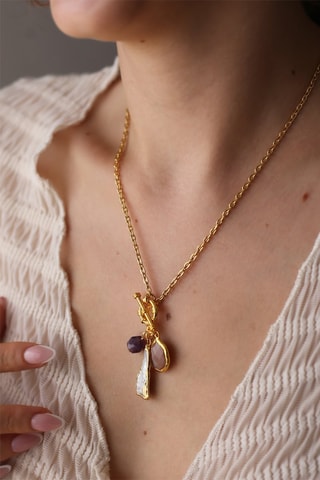 Ketting -  Amethist, Zonnesteen en Cultivéparels