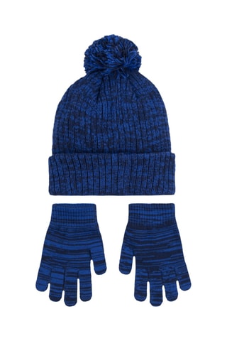 Bonnet à pompon et gants - Bleu nuit chiné