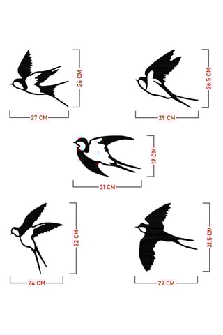 Décoration murale 5 oiseaux - 27 x 26 cm - 29 x 26,5 cm - 31 x 19 cm - 24 x 32 cm - 29 x 31,5 cm - Noir