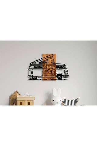 Décoration murale Caravan Holiday en bois - 90 x 58 cm - Naturel et noir
