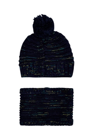 Muts met Pompon en Colsjaal - Gemêleerd Marineblauw