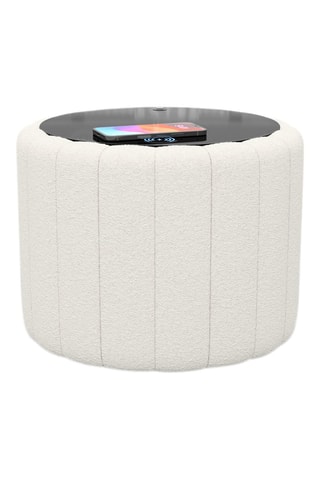 Table d’appoint ronde avec chargeur sans fil et port USB intégrés Nuvola - Blanc - Tissu bouclette - 40 cm