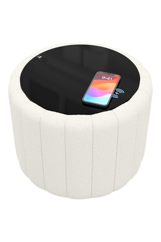 Table d’appoint ronde avec chargeur sans fil et port USB intégrés Nuvola - Blanc - Tissu bouclette - 40 cm