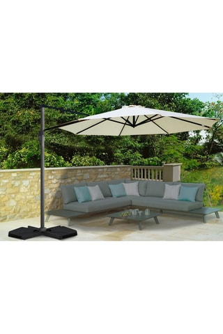 Parasol rond 360° - Déporté, housse et pied - Gris et beige