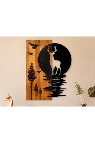 Décoration murale Cerf et forêt - 43 x 58 x 3 cm - Naturel et noir