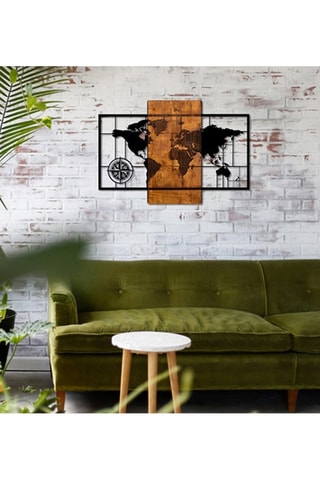 Wanddecoratie World Map With Compass - 85 x 58 cm - Naturel en Zwart