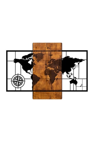 Wanddecoratie World Map With Compass - 85 x 58 cm - Naturel en Zwart