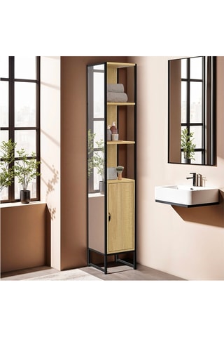 Colonne de salle de bain 1 porte avec miroir - Imitation bois et noir