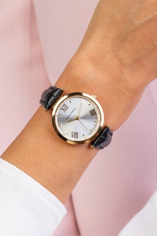 Montre à quartz en cuir et diamant - Noir et doré - Monica Monaco