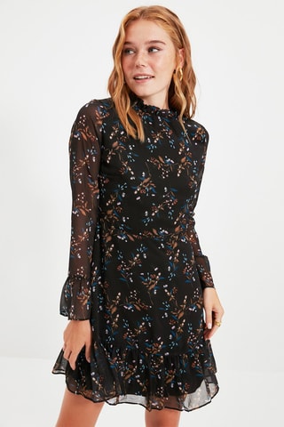 Vestido com folhos Preto e castanho