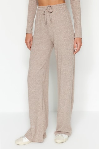 Crop top e calças wide legs Bege­ mesclado