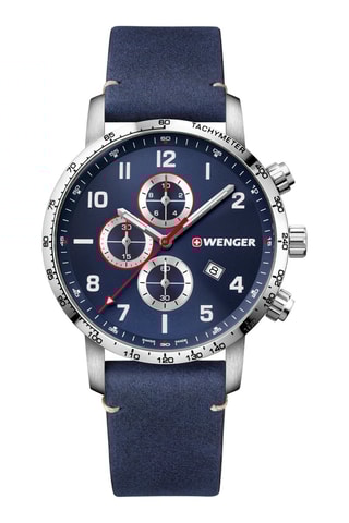 Leren Quartz Horloge Attitude - Stopwatch en Snelheidsmeter - Marineblauw en Zilverkleurig