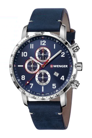 Leren Quartz Horloge Attitude - Stopwatch en Snelheidsmeter - Marineblauw en Zilverkleurig