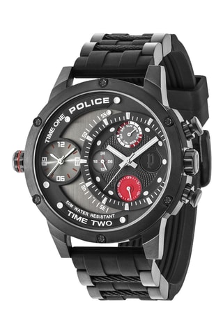 Leren en Doublé Zwart Ion Quartz Horloge Adder - GMT
