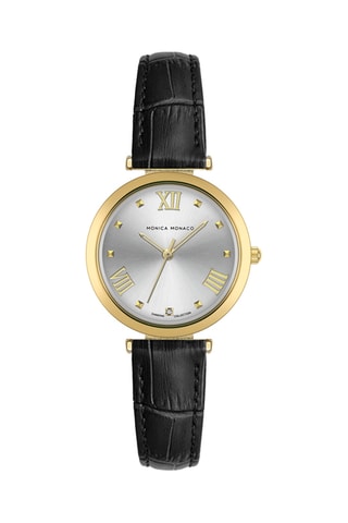 Relógio de quartzo em couro e diamante - Preto e dourado - Monica Monaco