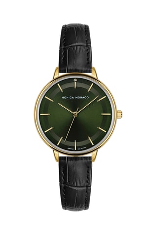 Relógio de quartzo em couro e diamante - Preto e dourado - Monica Monaco