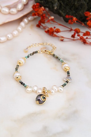 Pulseira - Banhado a ouro amarelo, turquesas e pérolas de cultura