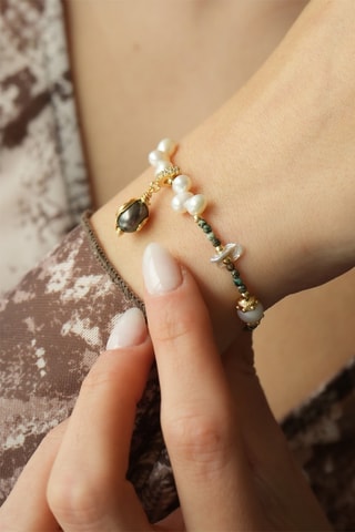 Pulseira - Banhado a ouro amarelo, turquesas e pérolas de cultura