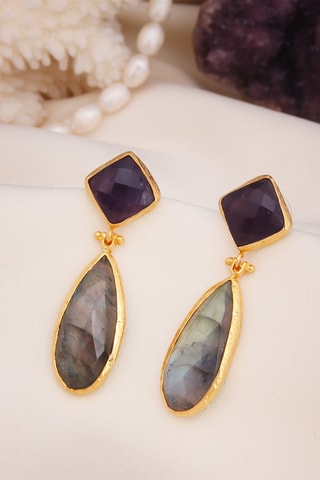 Brincos - Banhado a ouro amarelo, labradorites e ametistas