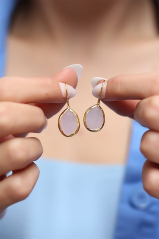 Brincos folheados a ouro fino amarelo - Quartzo rosa