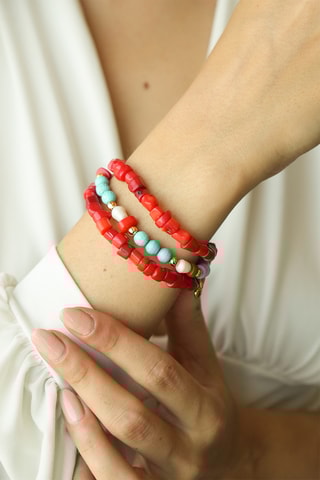 Pulseira 3 fileiras - Coral e turquesas