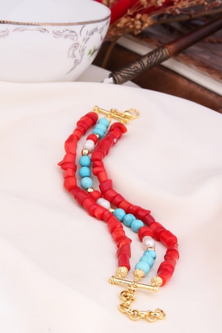 Pulseira 3 fileiras - Coral e turquesas