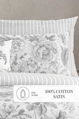 Parure de couette en satin de coton 80 fils/cm² Fleurs esquissées - Blanc et gris