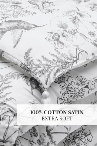 Edredon en satin de coton 80 fils/cm² Colibri floral - Blanc et gris