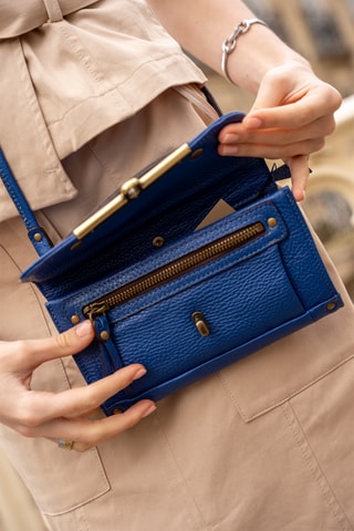 Mala a tiracolo em couro Simone - Azul e dourado