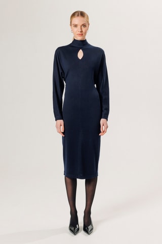 Vestido comprido em lã merino - Azul-marinho