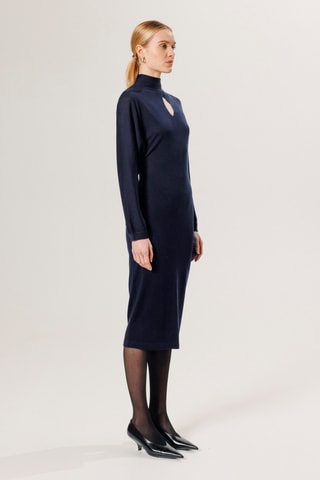 Vestido comprido em lã merino - Azul-marinho