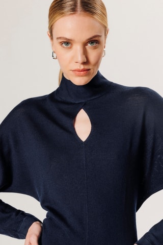 Vestido comprido em lã merino - Azul-marinho