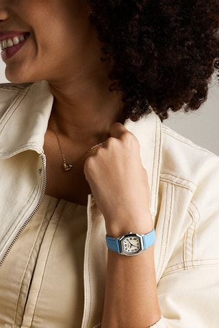 Leren Quartz Horloge - Lichtblauw en Zilverkleurig