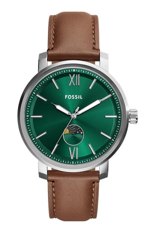 Leren Quartz Horloge- Maanstandweergave - Bruin en Zilverkleurig