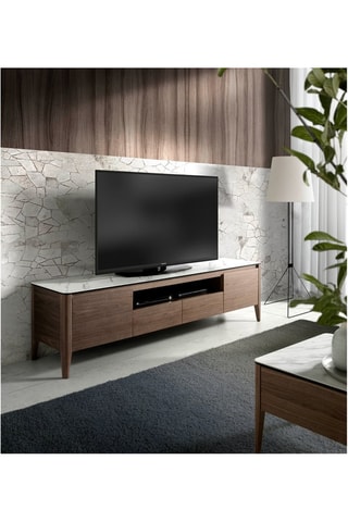 Meuble TV 2 portes en noyer et porcelaine - 200 x 45 x 51 cm