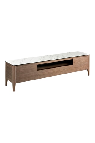 Meuble TV 2 portes en noyer et porcelaine - 200 x 45 x 51 cm