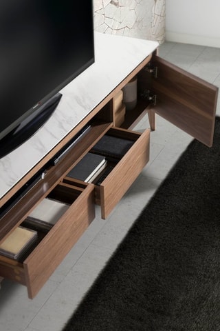 Meuble TV 2 portes en noyer et porcelaine - 200 x 45 x 51 cm