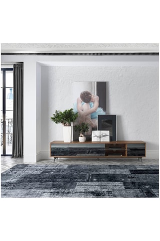Meuble TV 4 portes en noyer et verre  - 240 x 45 x 50 cm