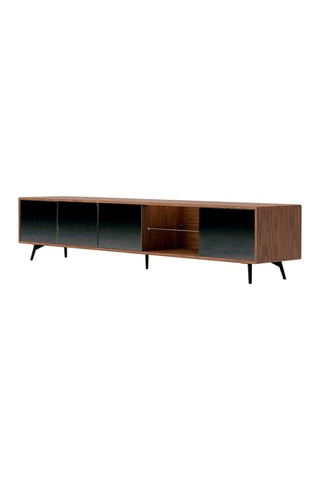 Meuble TV 4 portes en noyer et verre  - 240 x 45 x 50 cm