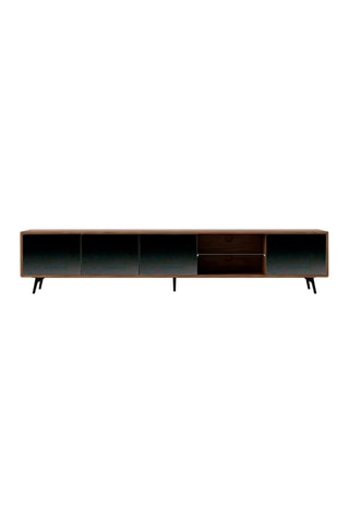 Meuble TV 4 portes en noyer et verre  - 240 x 45 x 50 cm