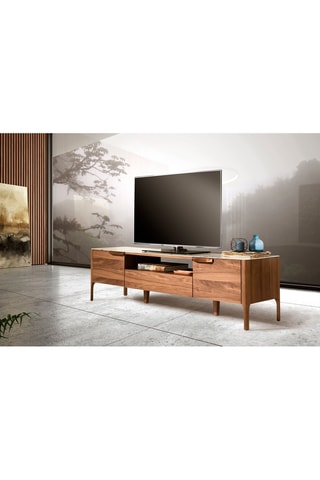 Meuble TV 2 portes en noyer et verre - 180 x 45 x 50 cm