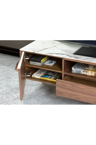 Meuble TV 2 portes en noyer et verre - 180 x 45 x 50 cm