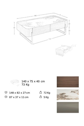 Table basse en bois et marbre - 73 x 75 x 14 cm